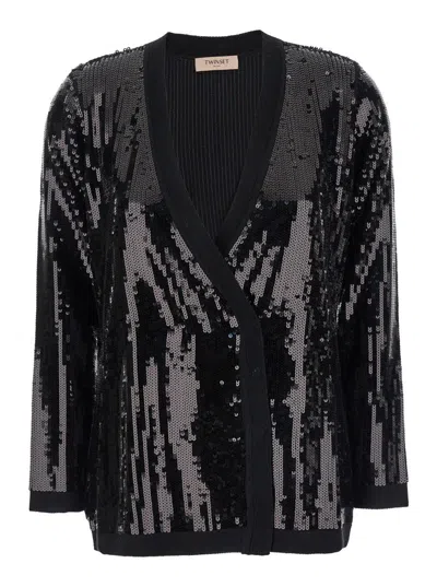 Twinset Black Double-breasted Cardigan With Sequins All-over In Technical Fabric Woman In Black
