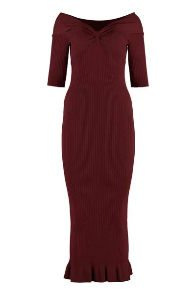 Philosophy Di Lorenzo Serafini Burgundy Off-the-shoulder Ruffled Midi Dress In Red