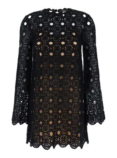 Twinset Black Short Dress With Bell Sleeves In Wool Blend Woman In Black