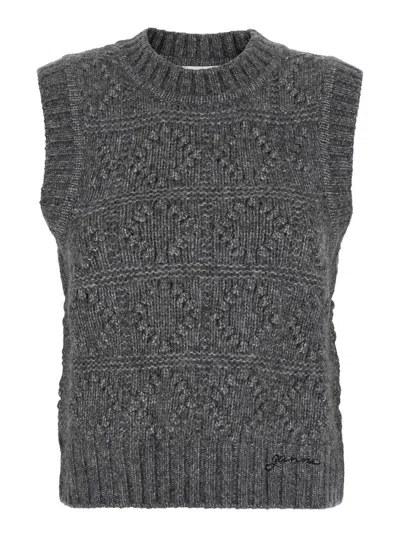 Ganni 'bubble' Grey Sleeveless Vest With Logo Lettering On The Front In Wool Blend Woman In Grey