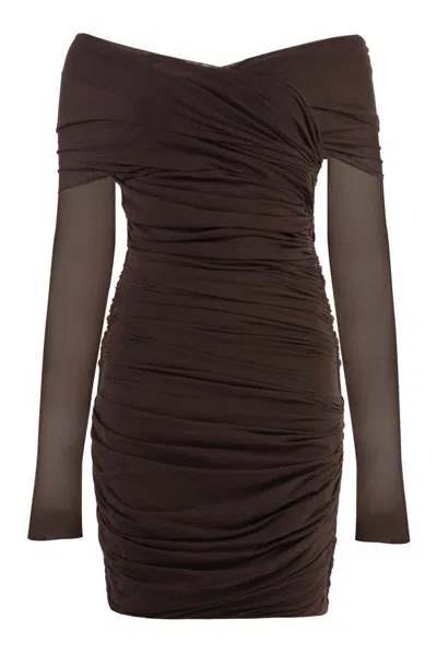 Philosophy Di Lorenzo Serafini Elegant Draped Mini Dress With Removable Sleeves In Brown