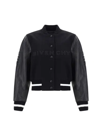 Givenchy Wool Blend Parka With Leather Sleeves And Iconic Branding In Black