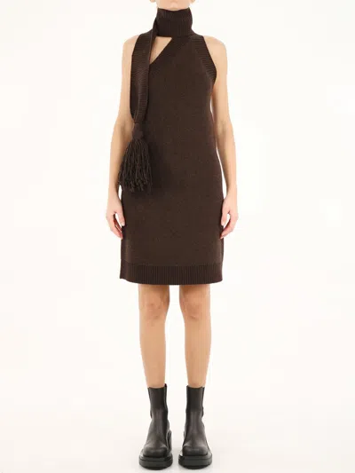 Bottega Veneta Brown One Shoulder Dress In Shetland Wool With Button And Tassel Detail In Brown