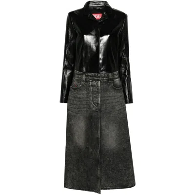 Diesel Hybrid Coat In Denim And Leather In Black