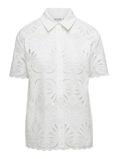 Self-portrait Womens White Short-sleeved Broderie-anglaise Cotton Shirt In White