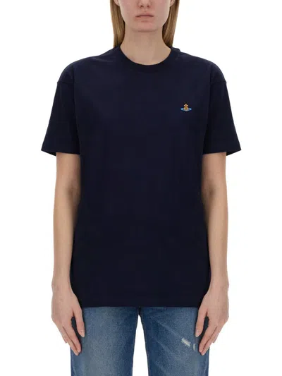 Vivienne Westwood Blue Crewneck T-shirt With Orb Detail In Cotton Man In Blue