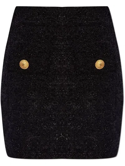 Balmain Black Pencil Mini Skirt With Jewel Buttons In Tweed Woman In Black