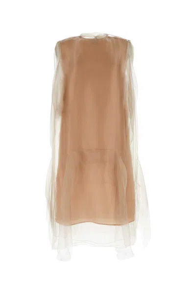 Prada Sheer Overlay Layered Round Neckline Dress In Pink