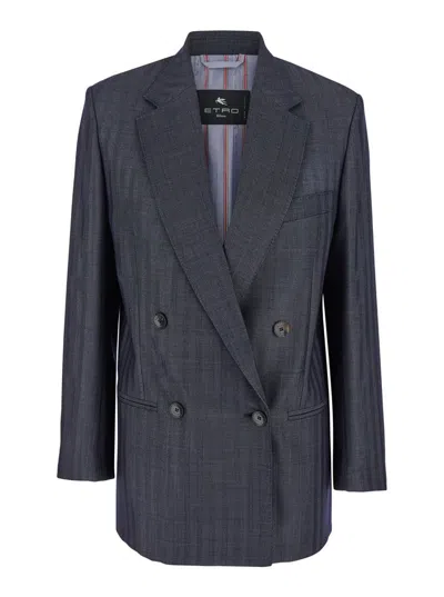 Etro Grey Oversized Double-breasted Jacket With Wide Revers In Wool Blend Woman In Grey