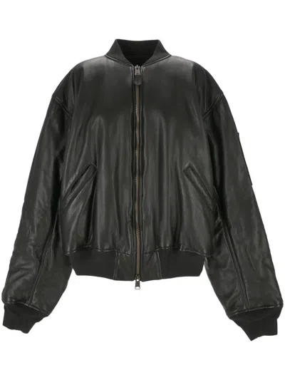 Balenciaga Black Leather Bomber Jacket In Black