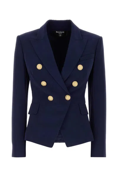 Balmain Black Double-breasted Jacket With Branded Buttons And Asymmetric Cut In Wool Woman In Blue