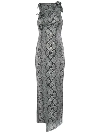Coperni Asymmetric Rosette-detailed Satin Maxi Dress In Grey