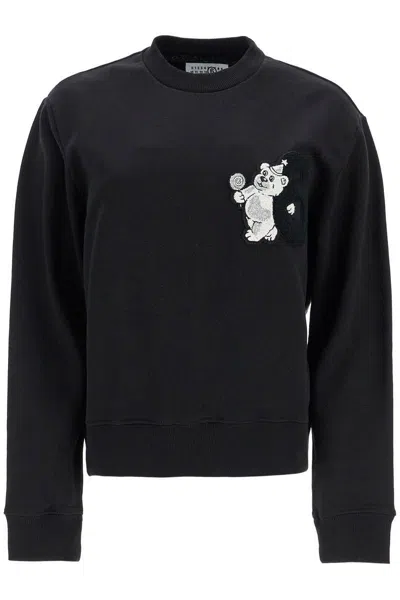 Mm6 Maison Margiela Crew Neck Sweatshirt With Bear And Number Patches In Black