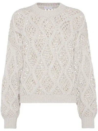 Brunello Cucinelli Crop Fit Cashmere Sweater With Micro-sequins In Beige