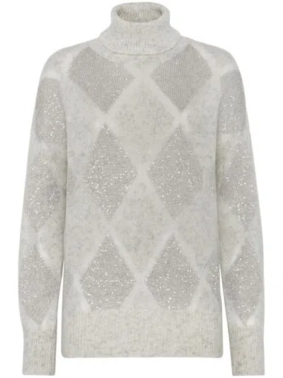 Brunello Cucinelli Dazzling Argyle Wool And Mohair Sweater In Grey