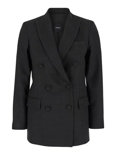 Plain Grey Double-breasted Jacket With Check Motif In Tech Fabric Woman In Grey