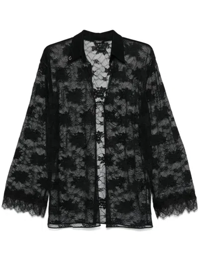 Oseree Floral Lace Buttoned Collar Sheer Shirt In Black