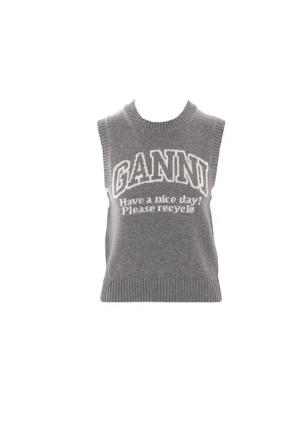 Ganni Knitted Vest With Logo In Frost Gray