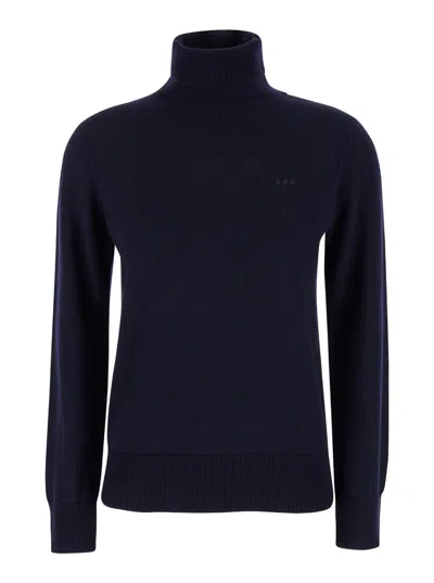 Apc A.p.c. Blue High Neck Sweater With Logo Embroidery In Wool Woman In Blue