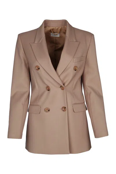 Elisabetta Franchi Double Breasted Jacket Chest Flap Pockets In Brown