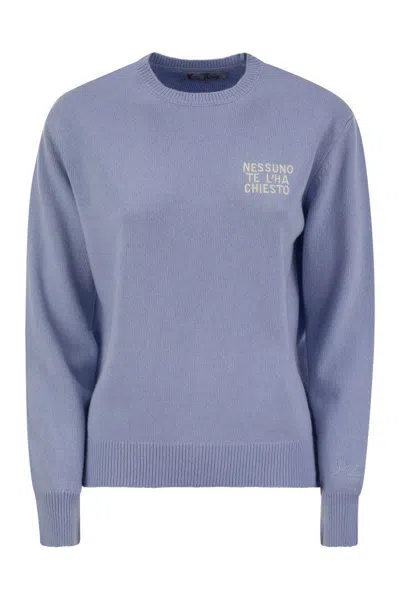 Mc2 Saint Barth Wool And Cashmere Blend Sweater With Embroidery Nessuno Te Lha Chiesto In Blue
