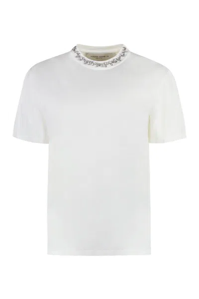Golden Goose White Crewneck T-shirt With Rhinestone Embellishments On The Collar And Logo Detail On The Rear In C In White