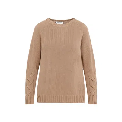 S Max Mara Crew Neck Cable-knit Sweater With Ribbed Trims In Beige