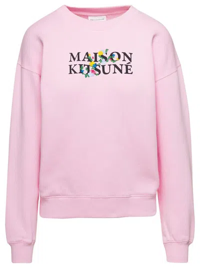 Maison Kitsuné Pink Crewneck Sweatshirt With Front Logo Print In Cotton Woman In Pink