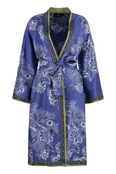 Etro Kesa Floral-print Silk Robe In Blue