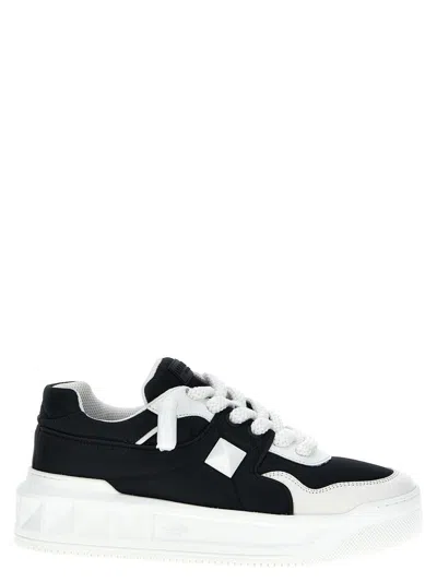 Valentino One Stud Xl Low-top Sneaker In Nappa Leather And Jacquard Toile Iconographe Technical Fabric In Gray