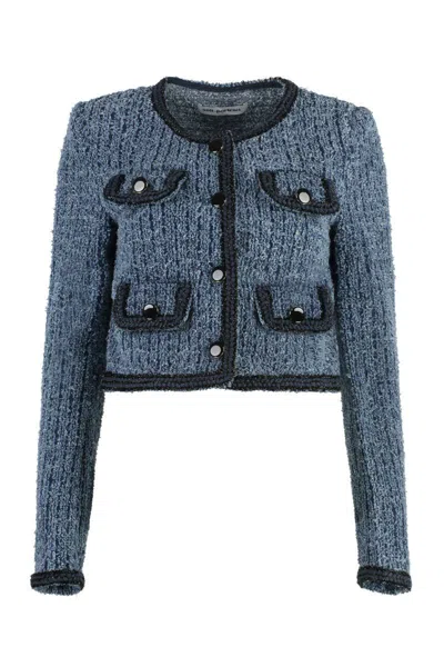 Self-portrait Blue Cropped Jacket With Patch Pocket In Textured Denim Woman In Navy