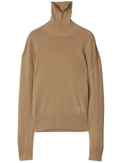 Burberry High-neck Wool Sweater With Logo Intarsia In Beige