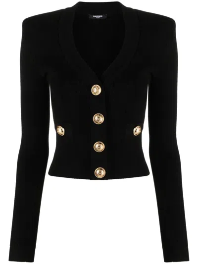 Balmain Black Ribbed Cardigan With Shoulder Pads And Logoed Metal Buttons In Black
