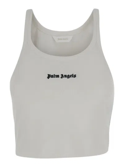 Palm Angels White Cropped Tank Top With Embroidered Logo In Cotton Woman In White