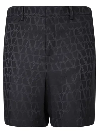 Valentino Bermuda Shorts In Silk With All-over Toile Iconographe Pattern In Black