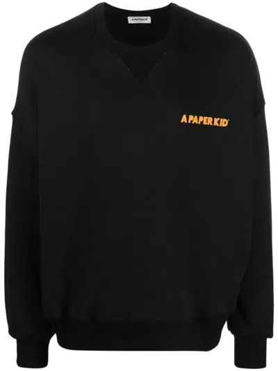 A Paper Kid Brushed Cotton Crew-neck Sweatshirt With Printed Logo In Black