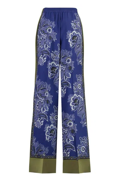Etro High-rise Bandana Border-print Wide-leg Silk Pull-on Pants In Blue