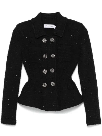 Self-portrait Black Textured Knit Jacket In Black