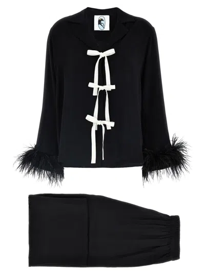 Sleeper Party Pajama Set Bows And Feathers In Black