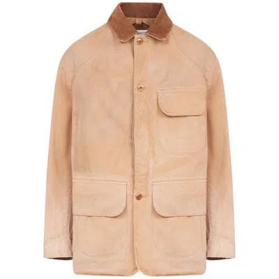Maison Margiela Corduroy Collar Waxed Cotton Canvas Coat In Beige