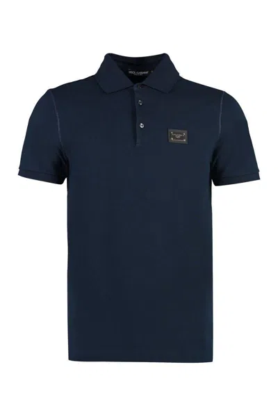 Dolce & Gabbana Cotton Polo Shirt With Buttoned Collar And Ribbed Accents In Blue