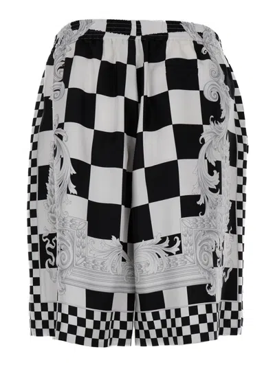 Versace Black And White Shorts With Baroque Print In Techno Fabric Man In Multicolor