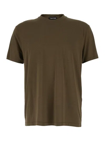 Tom Ford Military Green Crewneck T-shirt With Tf Embroidery In Lyocell And Cotton Blend Man In Green