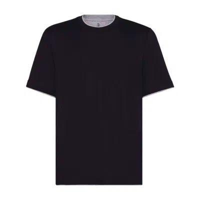 Brunello Cucinelli Double Layer Crewneck T-shirt Featuring Elegant Piping In Blue