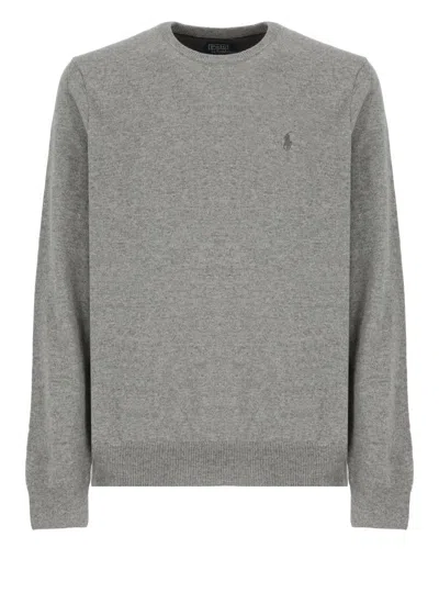 Polo Ralph Lauren Classic Logo Embroidered Rib Sweater In Grey