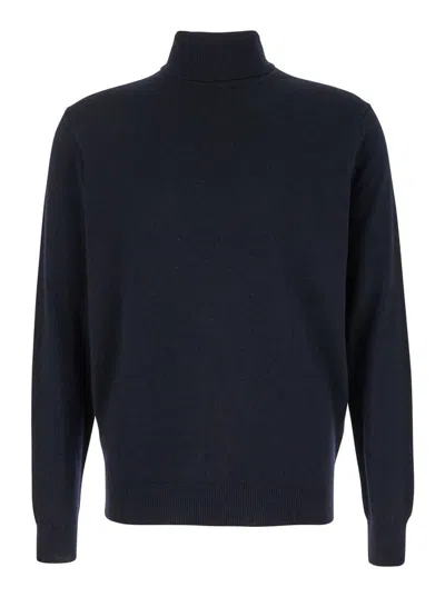 Plain Dark Blue Turtleneck Sweater In Merino Wool And Silk Blend Man In Blue