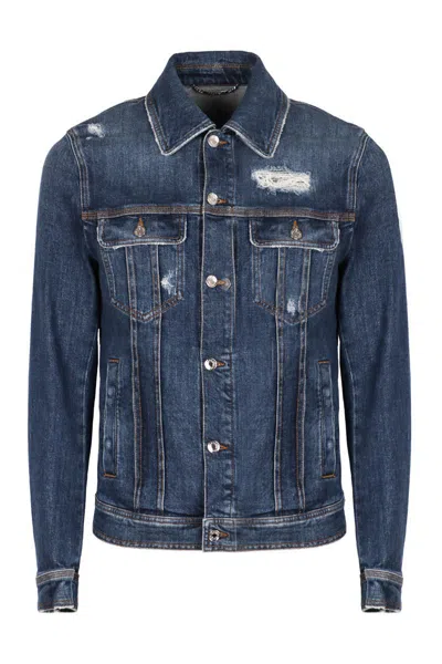 Dolce & Gabbana Blue Jacket With Classic Collar And Rips In Denim Stretch Man In Navy