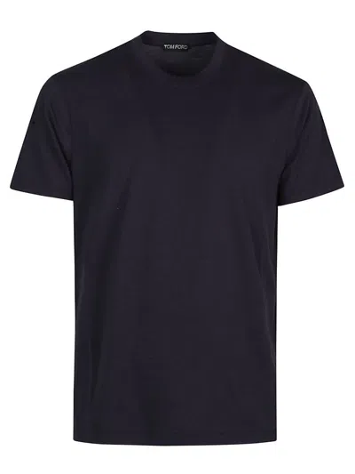 Tom Ford Black Basic Crewneck T-shirt With Tonal Stitching In Cotton Blend Man In Blue