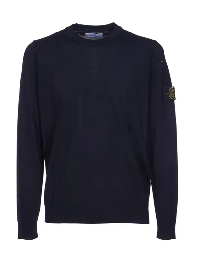 Stone Island Ribbed Detail Crew Neck Sweatshirt With Iconic Badge In Blue
