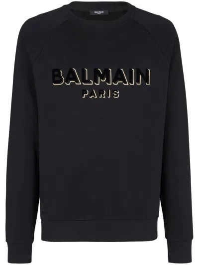 Balmain Flocked Logo Sweatshirt With Metallic Accents In Black